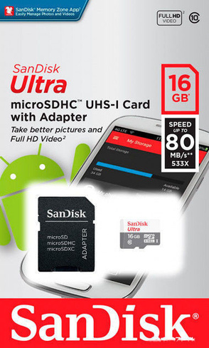 Карта памяти microSDHC SanDisk Ultra 16GB Class 10 UHS-I