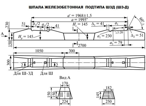 Шпала железобетонная подтипа Ш3Д (Ш3-Д) ГОСТ 33320-2015