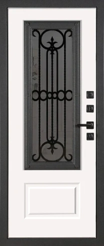 Входная дверь металлическая Виладж с ковкой стеклопакетом Виладж Букле Графит / Силк Сноу 880х2050