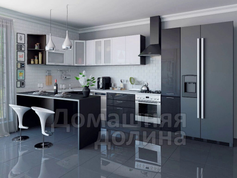 Кухня Валерия-М-54 - 1,5х3 метра Белый металлик - Черный металлик
