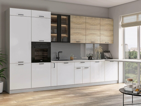 Кухня со встроенным холодильником белого цвета 3,8 метра Лофт/Олива-09