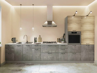 Прямая кухня светло-серого цвета без верхних шкафов с пеналом под дерево | 4 метра Лофт-26