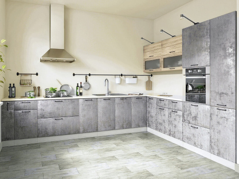 Угловая кухня светло-серого цвета без верхних шкафов с одной стороны | 3,7*3 метра Лофт-30